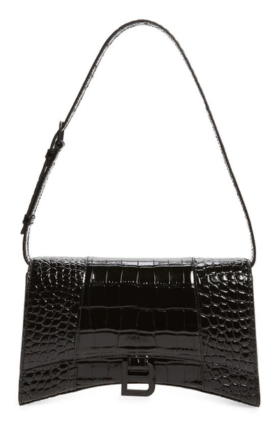 Shop Balenciaga Hour Croc Embossed Leather Shoulder Bag In Black