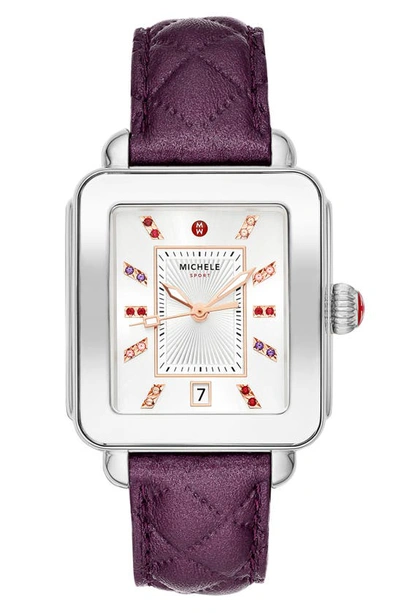 Shop Michele Deco Sport Quilted Leather Watch Head And Strap, 33mm In Purple