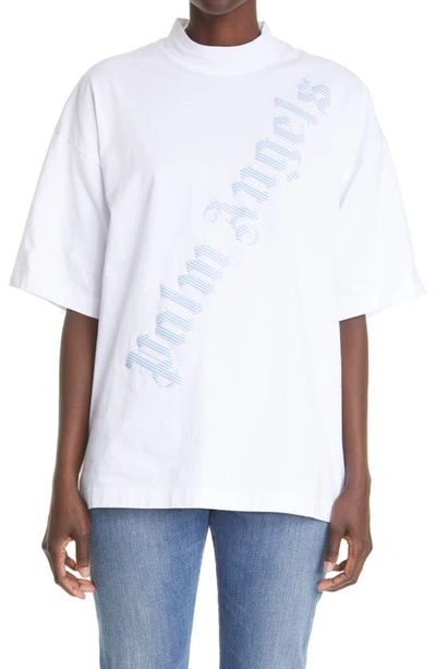 Shop Palm Angels Stripe Diagonal Logo Oversize Graphic Tee In White Illusion Blue