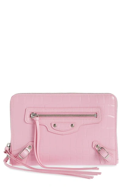 Shop Balenciaga Neo Classic Croc Embossed Leather Crossbody Pouch In Pink