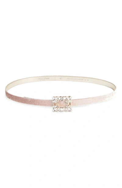 Shop Roger Vivier Broche Crystal Buckle Velvet Belt In Dusty Pink