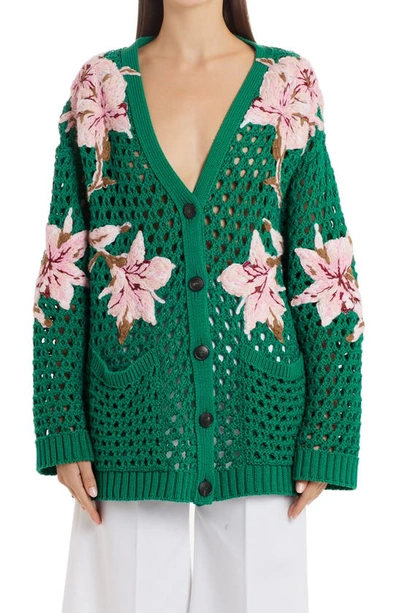 Shop Valentino Lilum Floral Embellished Crochet Cardigan In Multicolor Green Ir0
