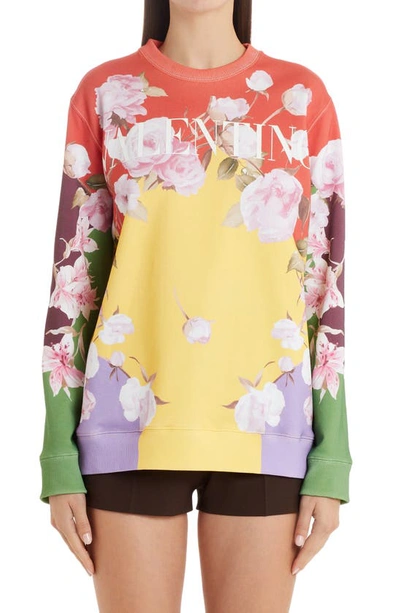 Shop Valentino Floral Logo Colorblock Sweatshirt In Multicolor/ Bright Yellow Ik9