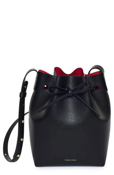 Shop Mansur Gavriel Mini Saffiano Leather Bucket Bag In Black/ Flamma