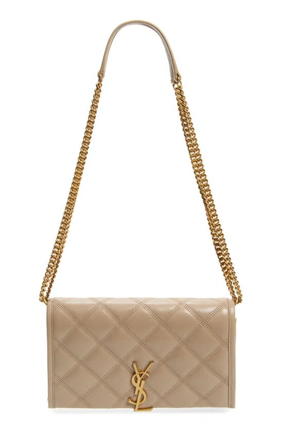 Shop Saint Laurent Becky Diamond Quilted Leather Wallet On A Chain In Dark Beige
