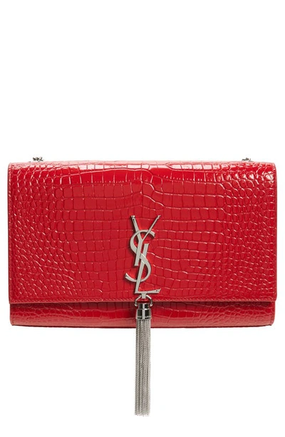 Shop Saint Laurent Medium Kate Tassel Croc Embossed Calfskin Leather Crossbody Bag In Rouge Eros