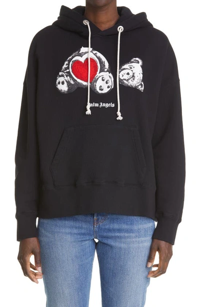 Shop Palm Angels Bear In Love Cotton Hoodie In Black White