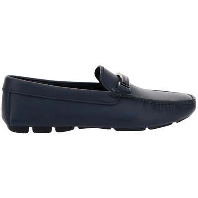 Shop Prada Men's Leather Loafers Moccasins In Blue