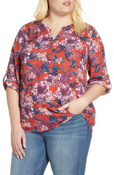 Shop Daniel Rainn Roll Sleeve Floral Blouse In H158n Brick