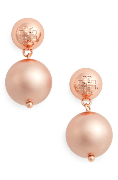 Shop Tory Burch Logo Faux Pearl Drop Earrings In Rose / Rose Gold