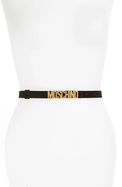 Shop Moschino Logo Plate Skinny Velvet Belt In Black With Gold