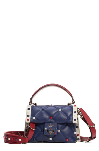 Shop Valentino Mini Candystud Top Handle Leather Satchel In Pure Blue/ Light Ivory/ Rosso