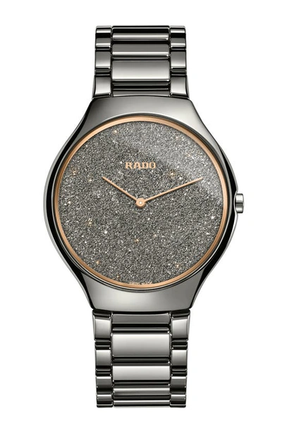 Shop Rado True Bracelet Watch, 39mm In Gunmetal/ Grey/ Rose Gold