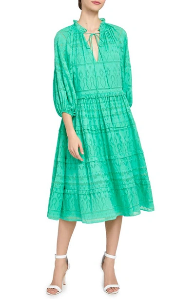 Shop Alice And Olivia Layla Geo Burnout Long Sleeve Tiered Ruffle Cotton & Silk Dress In Jade