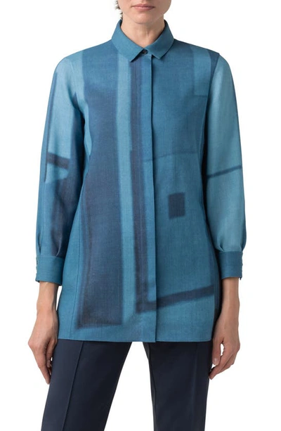 Shop Akris Window Print Wool Mousseline Shirt In Cyan