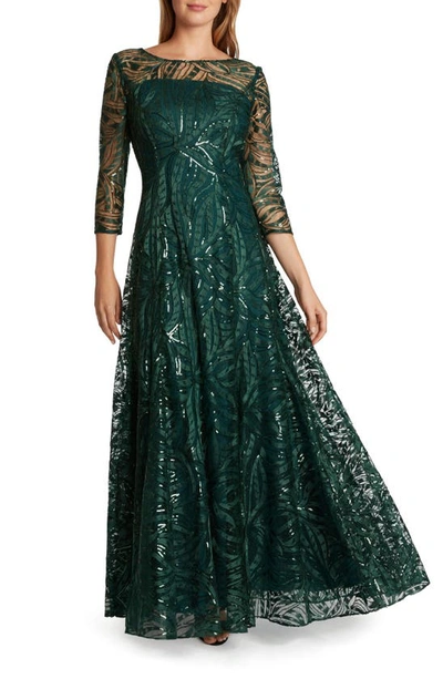 Shop Tahari Embroidered Sequin A-line Gown In Spruce