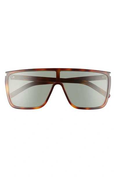 Shop Saint Laurent 99mm Shield Sunglasses In Shiny Medium Havana/ Green