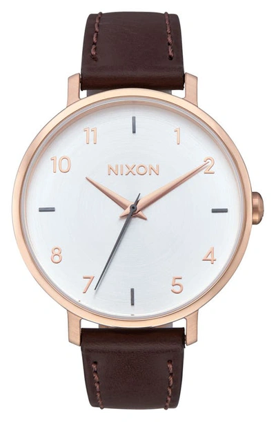 Shop Nixon The Arrow Leather Strap Watch, 38mm In Brown/ White/ Rose Gold
