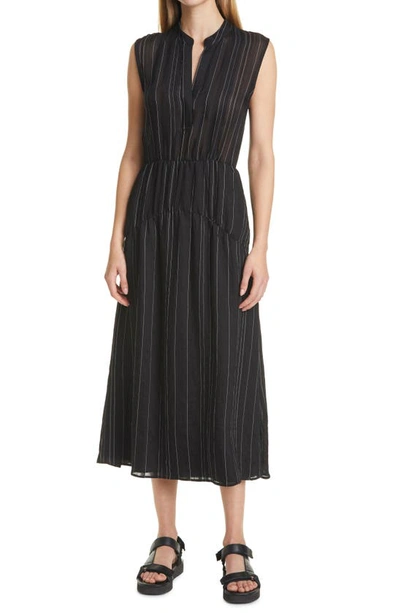 Shop Vince Stripe Tiered Sleeveless Dress In Black/ Optic White