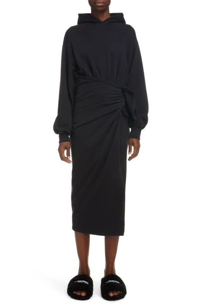 Shop Balenciaga Hooded Brushed Molleton Midi Dress In Black