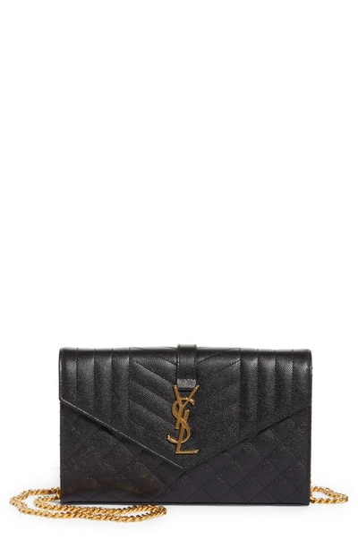 Shop Saint Laurent Envelope Quilted Pebbled Leather Wallet On A Chain In Nero/ Nero/ Nero