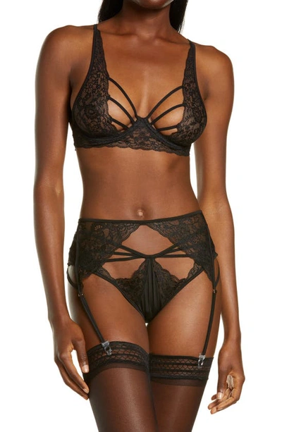 Shop Mapalé Lace Underwire Bra, Thong And Garter Belt In Black