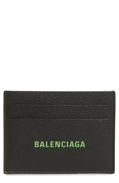 Shop Balenciaga Cash Logo Leather Card Case In Black/ Fluo Green