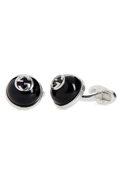 Shop Gucci Interlocking Onyx Cuff Links In Silver/ Onyx