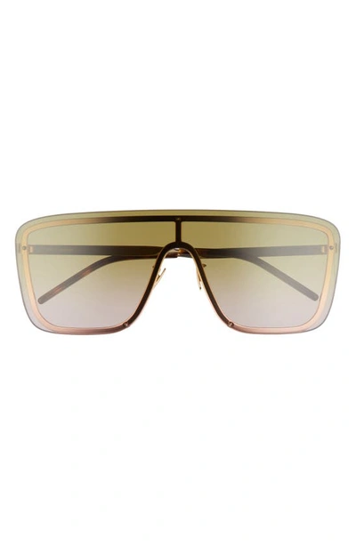 Shop Saint Laurent 99mm Flat Front Shield Sunglasses In Gold/ Green Gradient