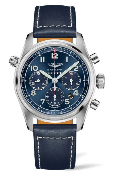 Shop Longines Spirit Automatic Chronograph Leather Strap Watch, 42mm In Blue/ Silver
