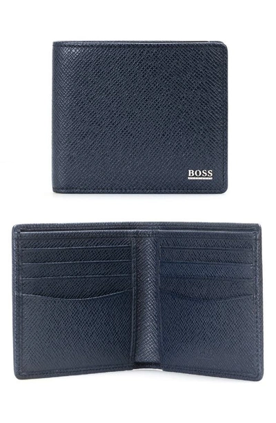 Shop Hugo Boss Signature Rfid Leather Wallet In Navy