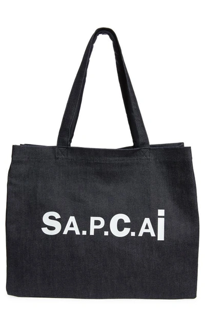 Shop A.p.c. X Sacai Candy Logo Reversible Denim Tote In Dark Navy
