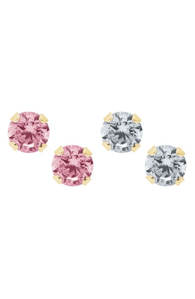 Shop Mignonette 14k Gold & Cubic Zirconia 2-pair Stud Earring Set In Pink And White