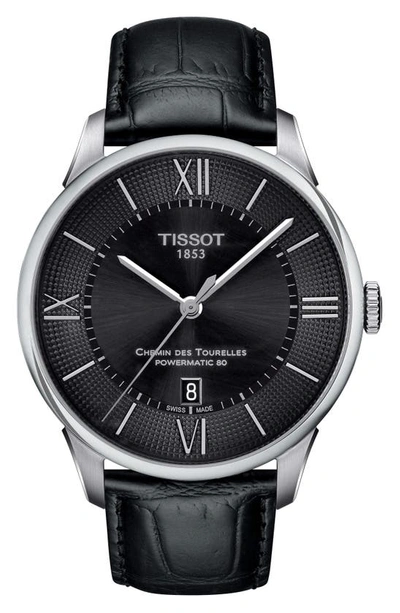 Shop Tissot Chemin Des Tourelles Automatic Leather Strap Watch, 42mm In Black/ Silver