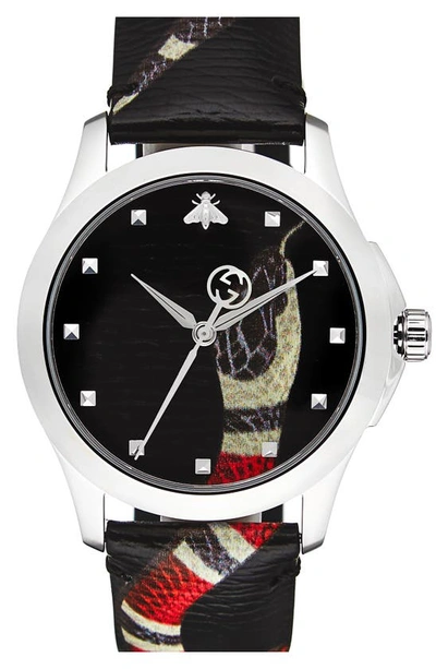 Shop Gucci Snake Insignia Leather Strap Watch, 40mm In Black