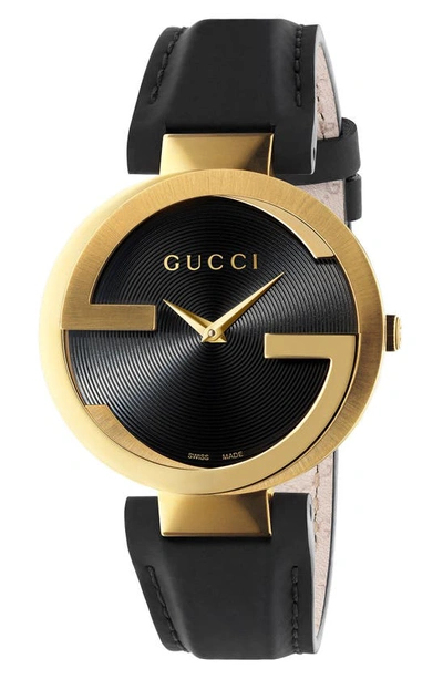 Shop Gucci Interlocking G Leather Strap Watch, 37mm In Black/ Gold