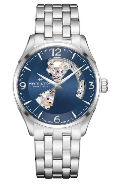 Shop Hamilton Jazzmaster Gent Open Heart Automatic Bracelet Watch, 42mm In Silver/ Blue/ Silver