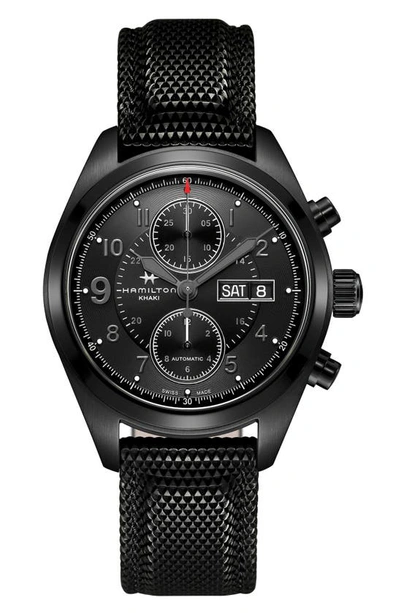 Shop Hamilton Khaki Field Automatic Chronograph Silicone Strap Watch, 42mm In Black