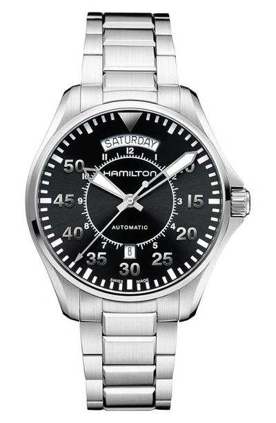 Shop Hamilton Khaki Aviation Automatic Bracelet Watch, 42mm In Silver/ Black/ Silver