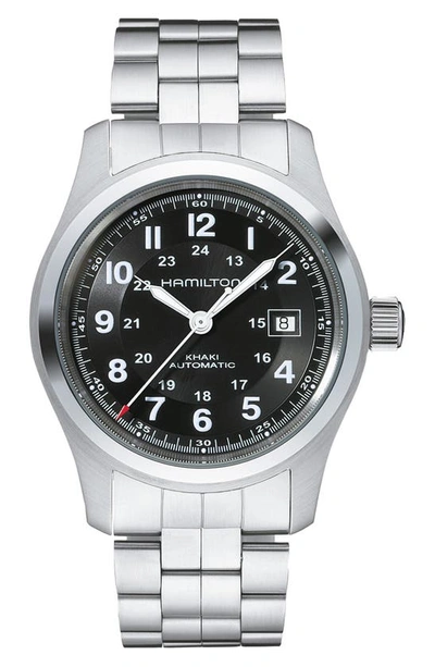 Shop Hamilton Khaki Field Automatic Bracelet Watch, 42mm In Silver/ Black/ Silver