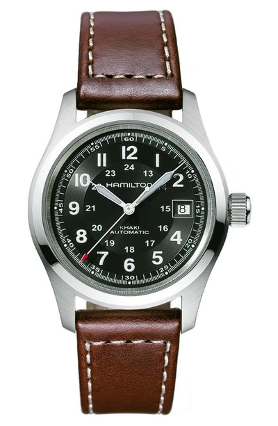 Shop Hamilton Khaki Field Automatic Leather Strap Watch, 38mm In Brown/ Black/ Silver