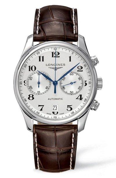 Shop Longines Master Automatic Chronograph Leather Strap Watch, 40mm In Brown/ Silver