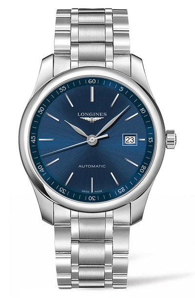 Shop Longines Master Automatic Bracelet Watch, 40mm In Silver/ Blue/ Silver