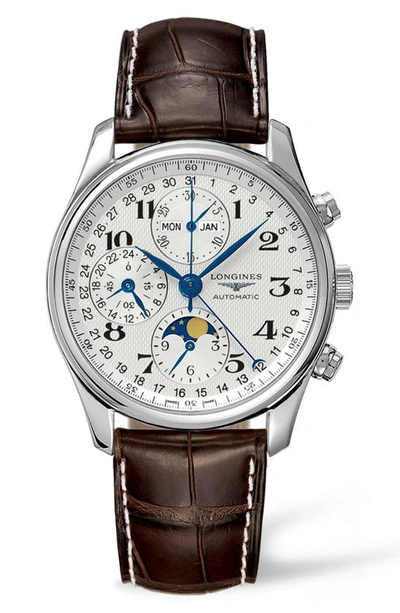 Shop Longines Master Automatic Chronograph Leather Strap Watch, 40mm In Brown/ Silver