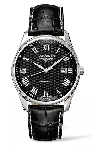 Shop Longines Master Automatic Alligator Leather Strap Watch, 42mm In Black/ Silver