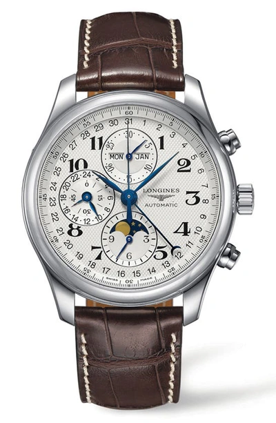 Shop Longines Master Automatic Chronograph Leather Strap Watch, 42mm In Brown/ Silver