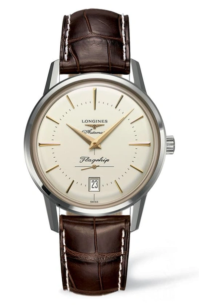Shop Longines Flagship Heritage Automatic Leather Strap Watch, 38.5mm In Brown/ Silver