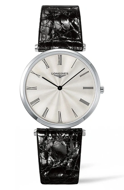Shop Longines La Grande Classique De  Alligator Leather Strap Watch, 34mm In Black/ Silver