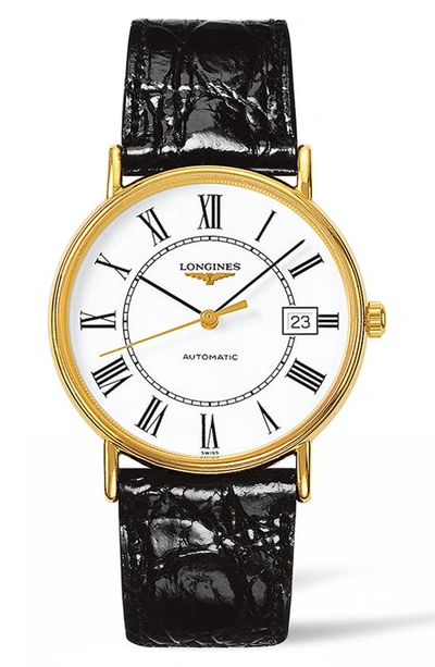 Shop Longines Présence Automatic Leather Strap Watch, 38.5mm In Brown/ White/ Gold