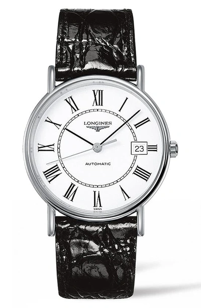 Shop Longines Présence Automatic Leather Strap Watch, 38.5mm In Brown/ White/ Silver